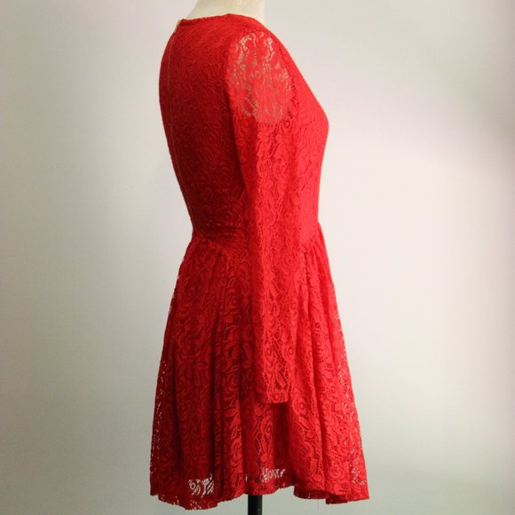 Long Sleeve Red Lace Crochet Cutout Skater Dress - Picture 5 of 9